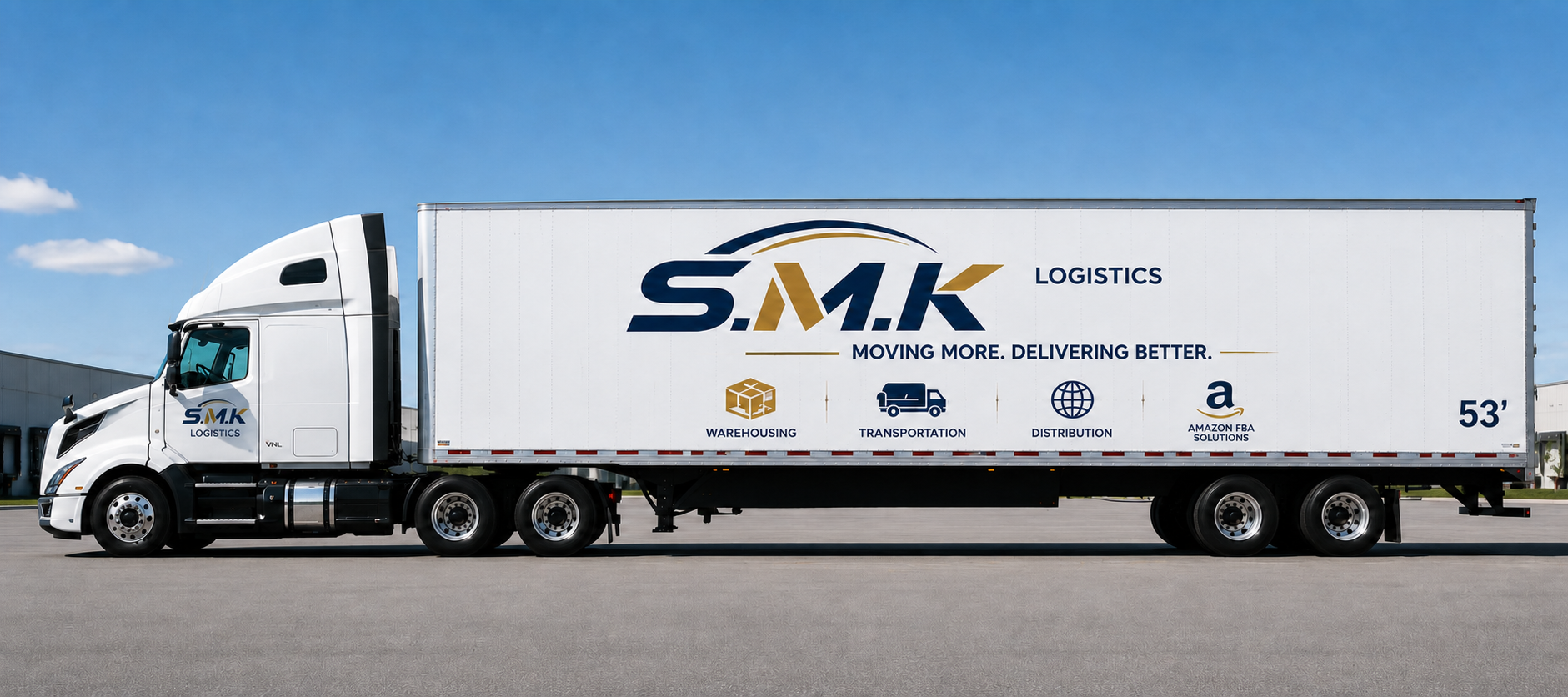 S.M.K Logistics branded Volvo semi truck with 53-foot trailer